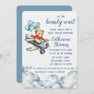 Invitation Teddy Bear Avion Ballons Baby shower garçon