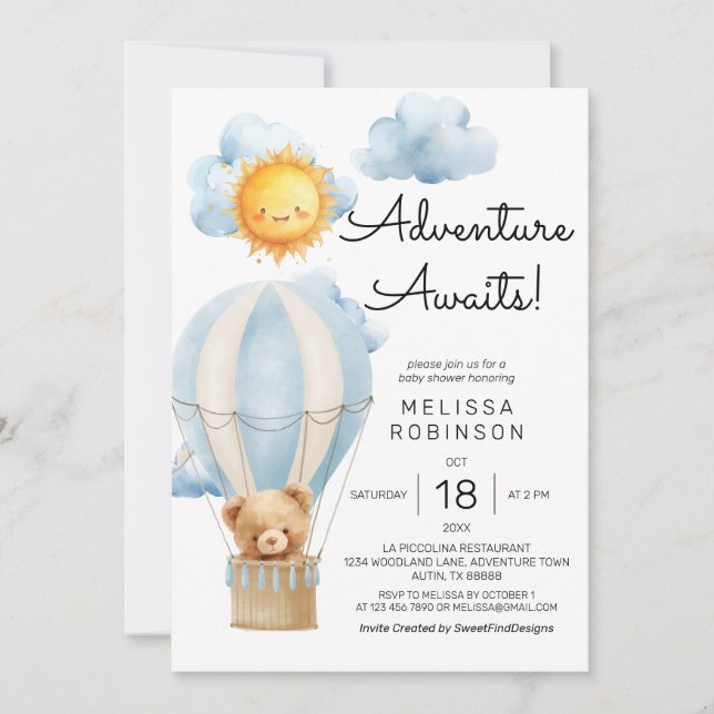 Invitation Teddy Bear Baby Boy Douche (Devant)