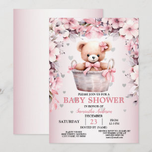 Invitation Teddy Bear Baby Girl Baby shower de fleurs roses