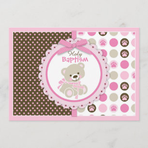 Invitation Teddy Bear Baby Girl Baptême rose