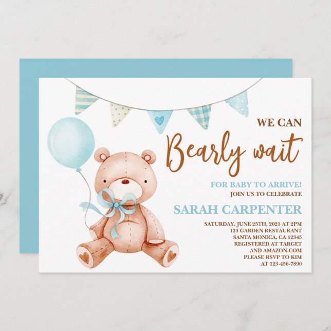 Invitation Teddy Bear Baby shower Boy (Devant / Derrière)