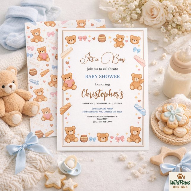 Invitation Teddy Bear Baby Shower Boy | Cute Blue Bear  (Teddy Bear Baby Shower Boy | Cute Blue Bear Invitation
)