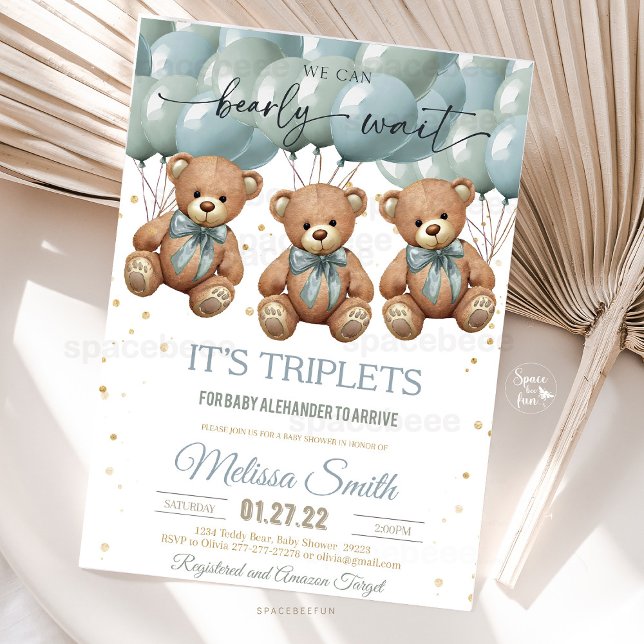 Invitation Teddy Bear Baby shower c'est TRIPLETS (teddy bear baby shower, triplets baby shower invitation, we can bearly wait triplets, baby shower in)