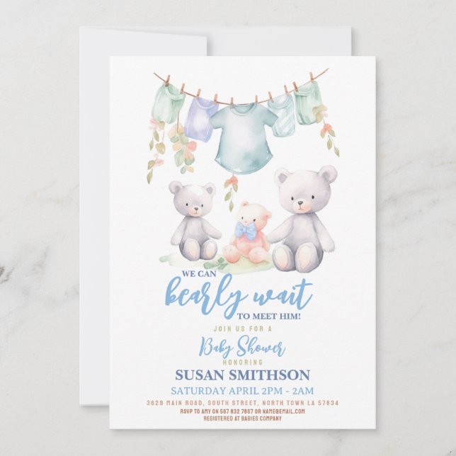 Invitation Teddy Bear Baby shower Garçon Bleu à peine attendr (Devant)