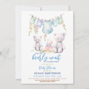 Invitation Teddy Bear Baby shower Garçon Bleu à peine attendr