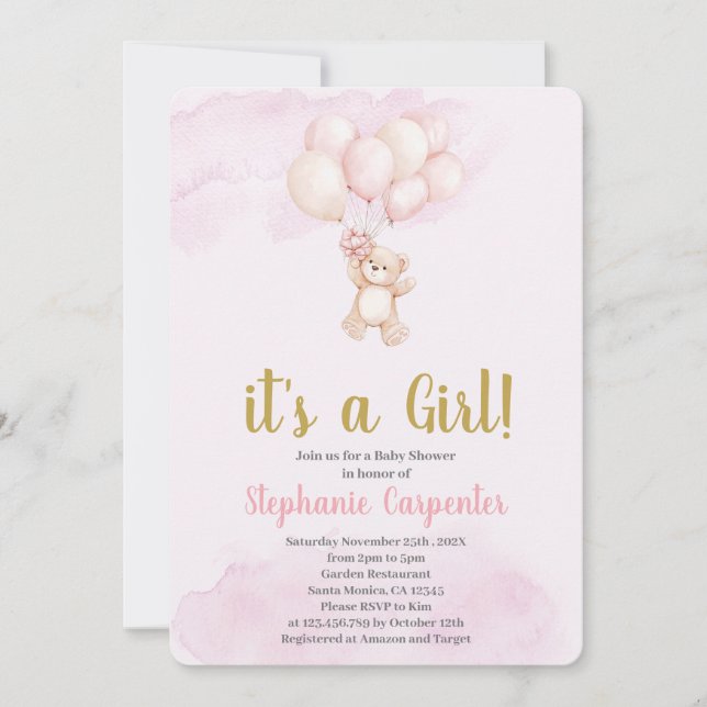 Invitation Teddy bear baby Shower Girl (Devant)
