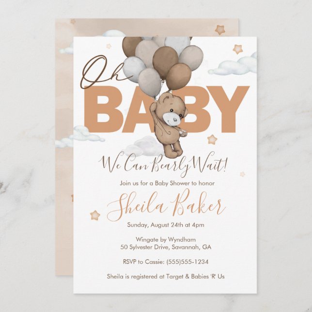 Invitation Teddy Bear Baby shower Invitation, "Bearly Wait" (Devant / Derrière)