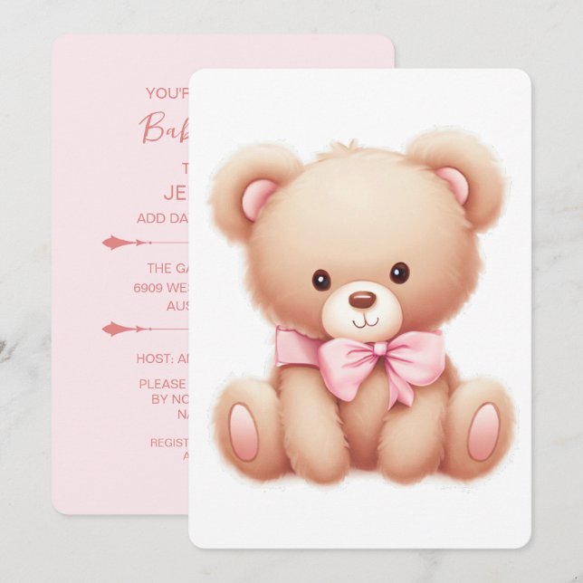 Invitation Teddy Bear Baby shower rose (Devant / Derrière)
