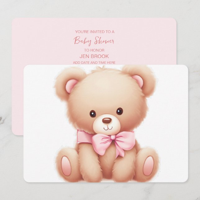 Invitation Teddy Bear Baby shower rose (Devant / Derrière)