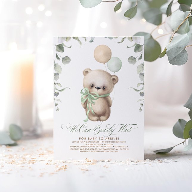 Invitation Teddy Bear Baby shower Sage Vert et Brown (We Can Bearly Wait - Cute Bear Themed Beige and Sage Baby Shower Invitations)
