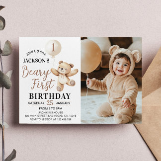 Invitation Teddy Bear Balloon Beary Premier anniversaire Phot