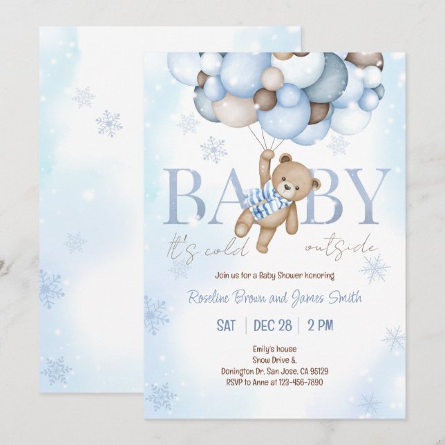 Invitation Teddy Bear Balloon Boy Bearly Wait Baby shower (Devant / Derrière)