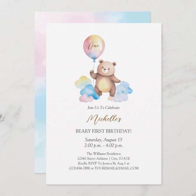 Invitation Teddy Bear Balloon Clouds Beary First Birthday (Devant / Derrière)
