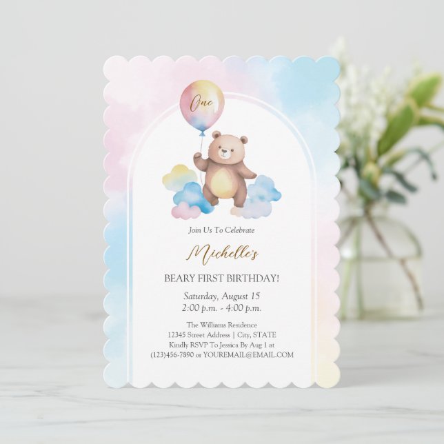 Invitation Teddy Bear Balloon Clouds Beary First Birthday (Debout devant)