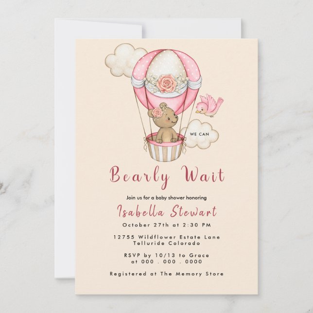Invitation Teddy Bear Balloon Girl Bearly Wait Baby shower (Devant)