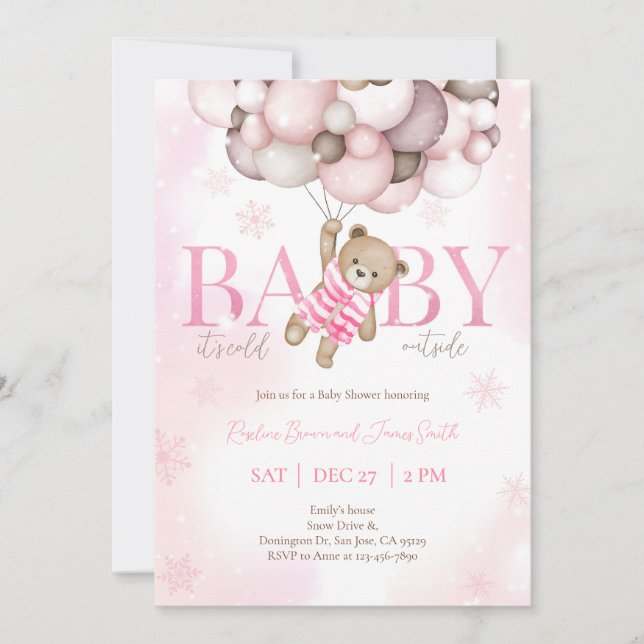 Invitation Teddy Bear Balloon Girl Bearly Wait Baby shower (Devant)