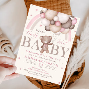Invitation Teddy Bear Balloon Girl Bearly Wait Baby shower