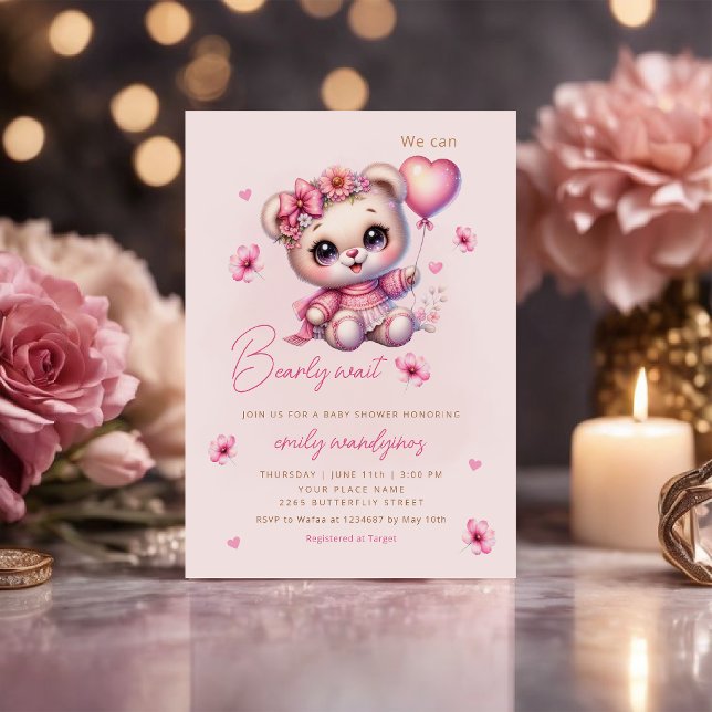 Invitation Teddy Bear Balloon Girl Bearly Wait Baby shower (Créateur téléchargé)