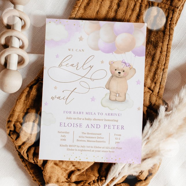 Invitation Teddy Bear Balloon Girl Bearly Wait Baby shower (Créateur téléchargé)