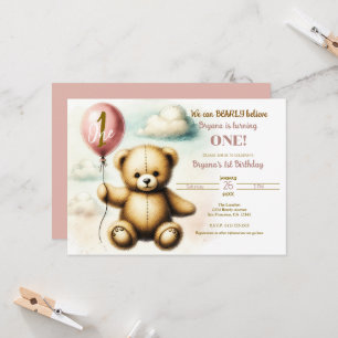 Invitation Teddy Bear Balloon rose 1er anniversaire