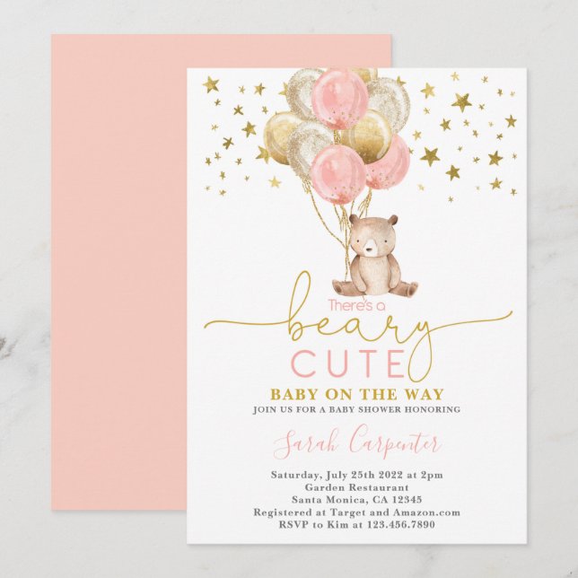 Invitation Teddy Bear Balloons Baby shower Girl (Devant / Derrière)