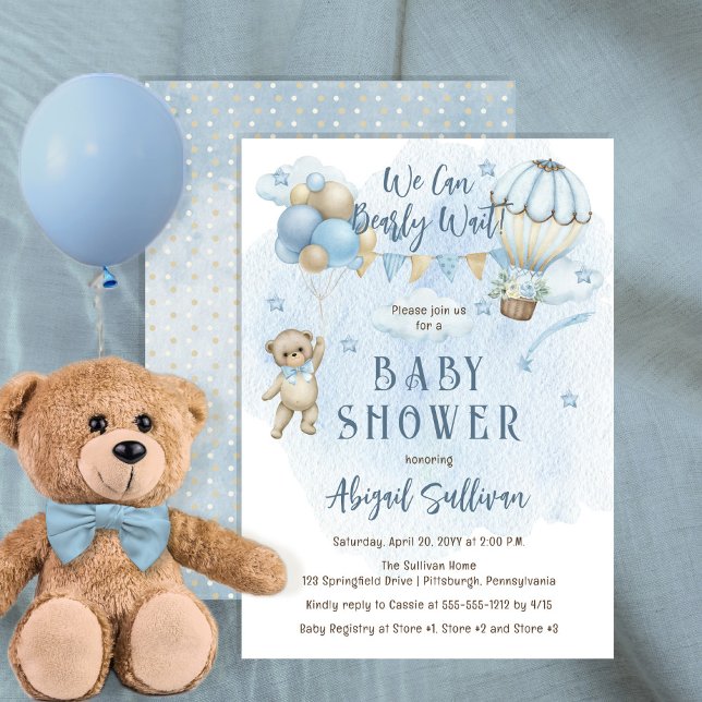 Invitation Teddy Bear Balloons Garçon Bearly Wait Baby shower (Créateur téléchargé)