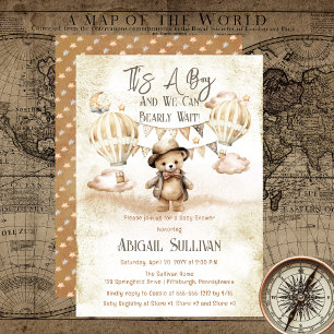 Invitation Teddy Bear Balloons Garçon Bearly Wait Baby shower