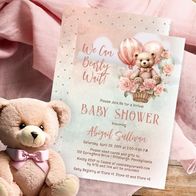 Invitation Teddy Bear Balloons Girl Baby shower virtuel (Teddy Bear in a Hot Air Balloon - Pink Flowers "We Can Bearly Wait" Girl Virtual Baby Shower Invite)