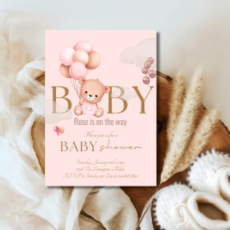 Invitation Teddy Bear Balloons rose Baby Girl Baby shower
