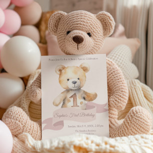 Invitation Teddy Bear Banner Girls Premier anniversaire
