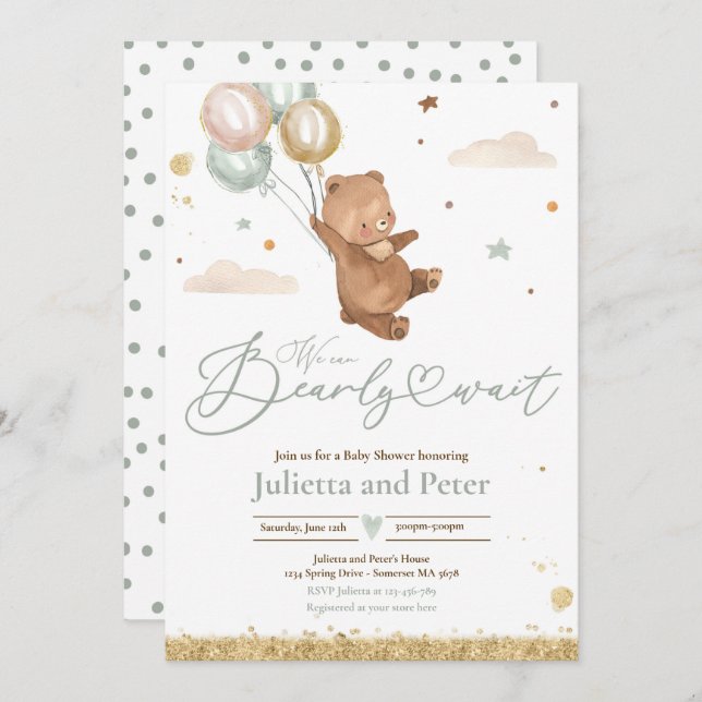 Invitation Teddy Bear Bearly Attendre Baby shower neutre selo (Devant / Derrière)