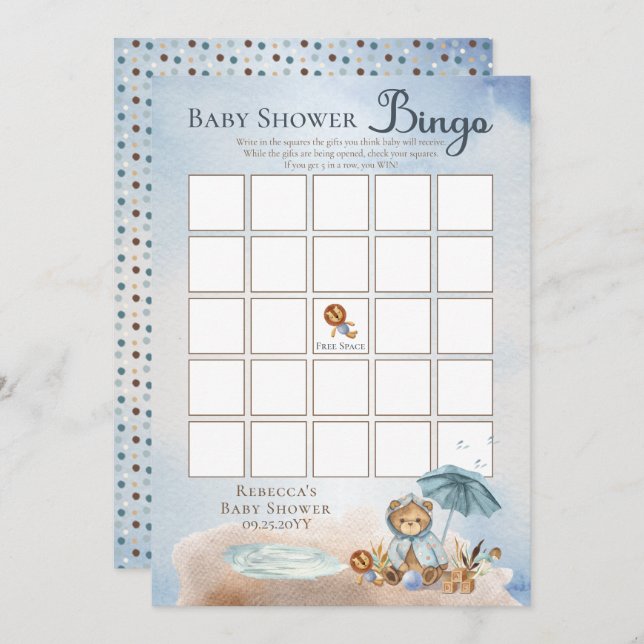 Invitation Teddy Bear Bearly Wait Boy Baby shower Bingo (Devant / Derrière)