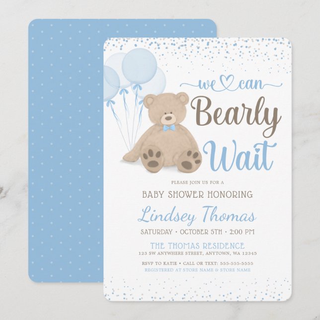 Invitation Teddy Bear Bearly Wait Confetti Boy Baby shower (Devant / Derrière)