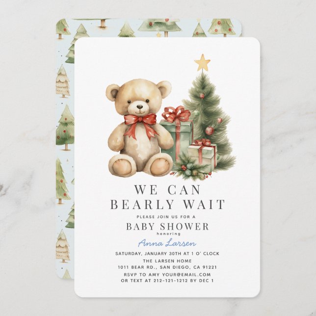 Invitation Teddy Bear Bearly Wait Vacances Baby shower garçon (Devant / Derrière)
