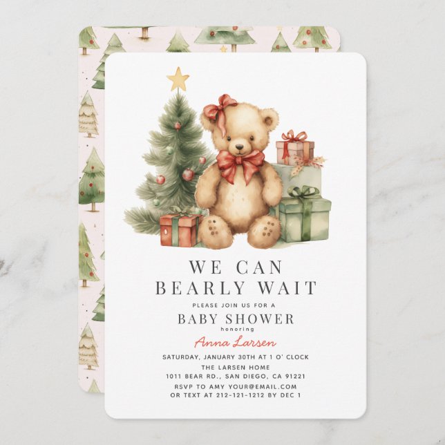 Invitation Teddy Bear Bearly Wait Vacances Fille Baby shower (Devant / Derrière)