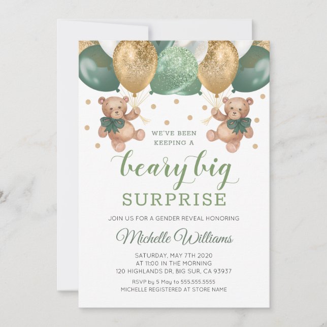 Invitation Teddy Bear Beary Big Surprise Twins Genre Reveille (Devant)