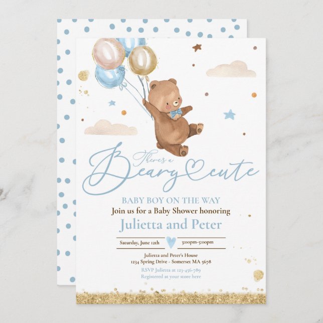 Invitation Teddy Bear Beary mignonne Baby Boy Baby shower ble (Devant / Derrière)