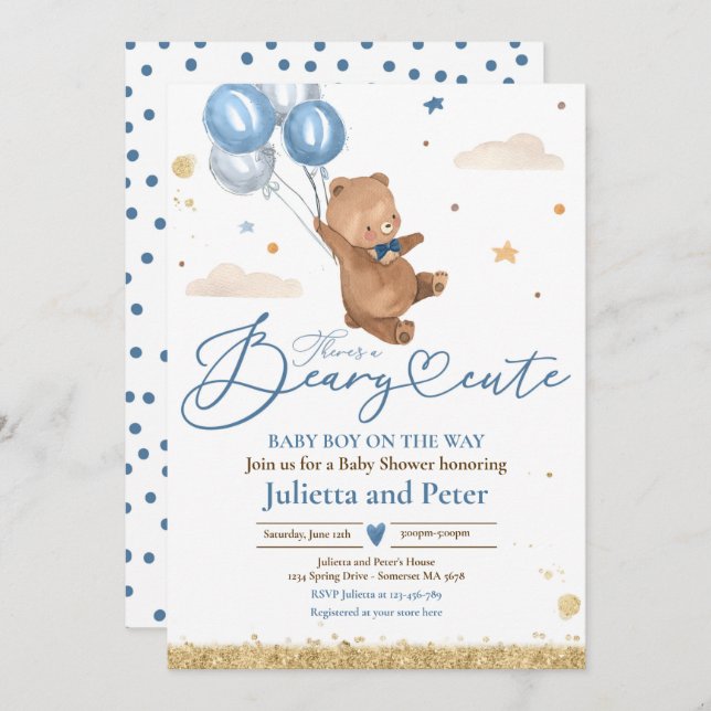 Invitation Teddy Bear Beary mignonne Baby Boy Baby shower ble (Devant / Derrière)
