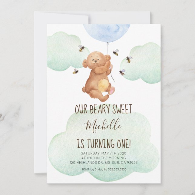 Invitation Teddy Bear Bees Beary Sweet Baby 1er Anniversaire (Devant)