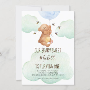 Invitation Teddy Bear Bees Beary Sweet Baby 1er Anniversaire