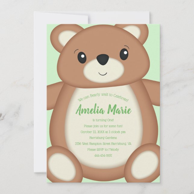 Invitation Teddy Bear Birthday Party Green (Devant)