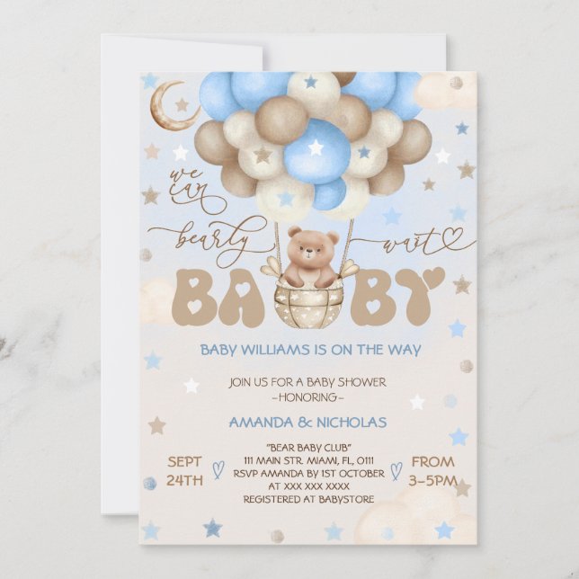 Invitation Teddy Bear Bleu mignon Balloon Baby shower garçon (Devant)