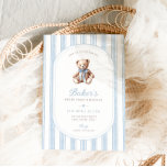 Invitation Teddy Bear Bleu Minimaliste Garçon Anniversaire<br><div class="desc">Invitation pour l'anniversaire de l'ours en peluche du grand-millénaire pour n'importe quel âge,  avec des rayures bleu classique et un ours en peluche vintage</div>