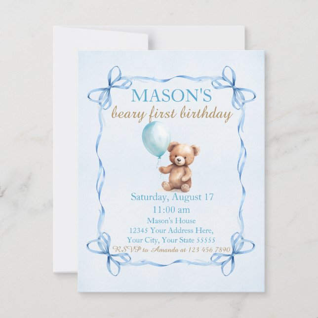 Invitation Teddy Bear Blue Balloon Beary Premier anniversaire (Devant)