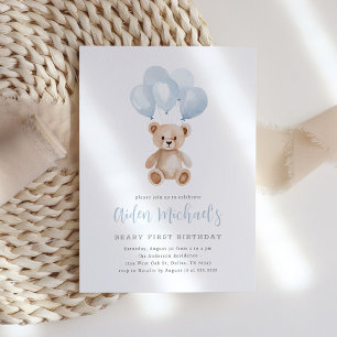 Invitation Teddy Bear Blue Balloon Beary Premier anniversaire