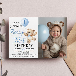 Invitation Teddy Bear Blue Balloon Beary Premier anniversaire