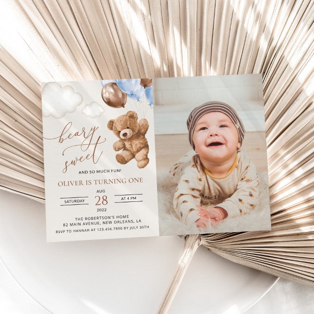 Invitation Teddy Bear, Blue Balloons, First Birthday (Créateur téléchargé)