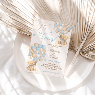 Invitation Teddy Bear Blue Balloons Twin Boys Baby shower
