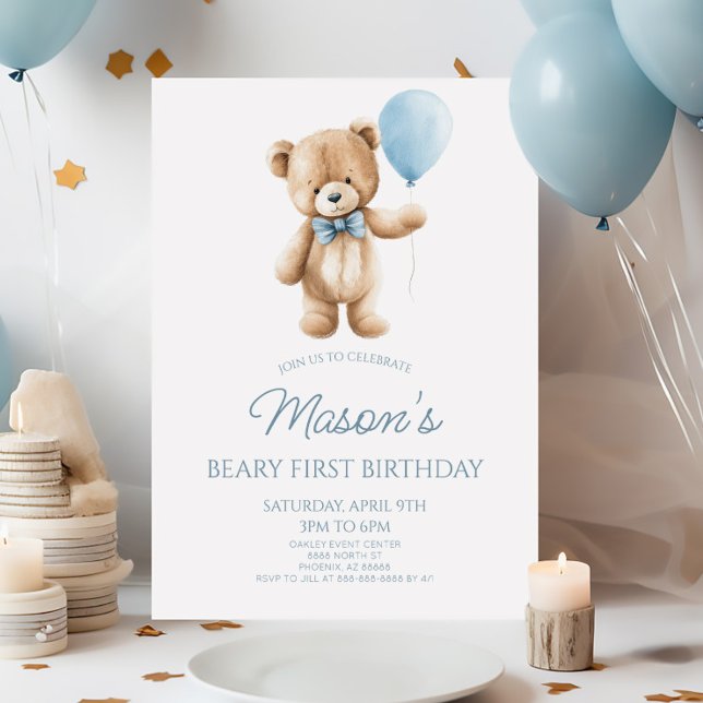 Invitation Teddy Bear Blue Beary First 1st Birthday Party (Créateur téléchargé)