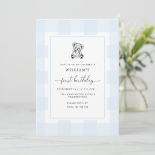 Invitation Teddy Bear Blue En vichy 1er anniversaire Invitati